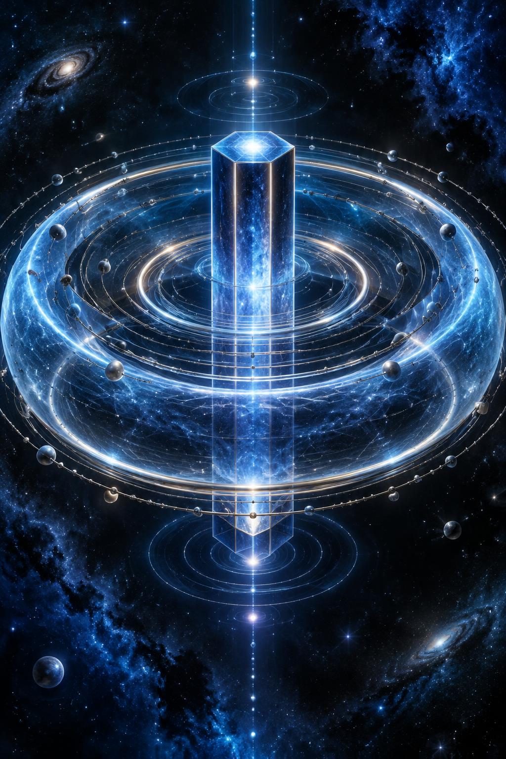 A sapphire glass torus with orbiting spheres surrounding a stable hexagonal pillar of light.