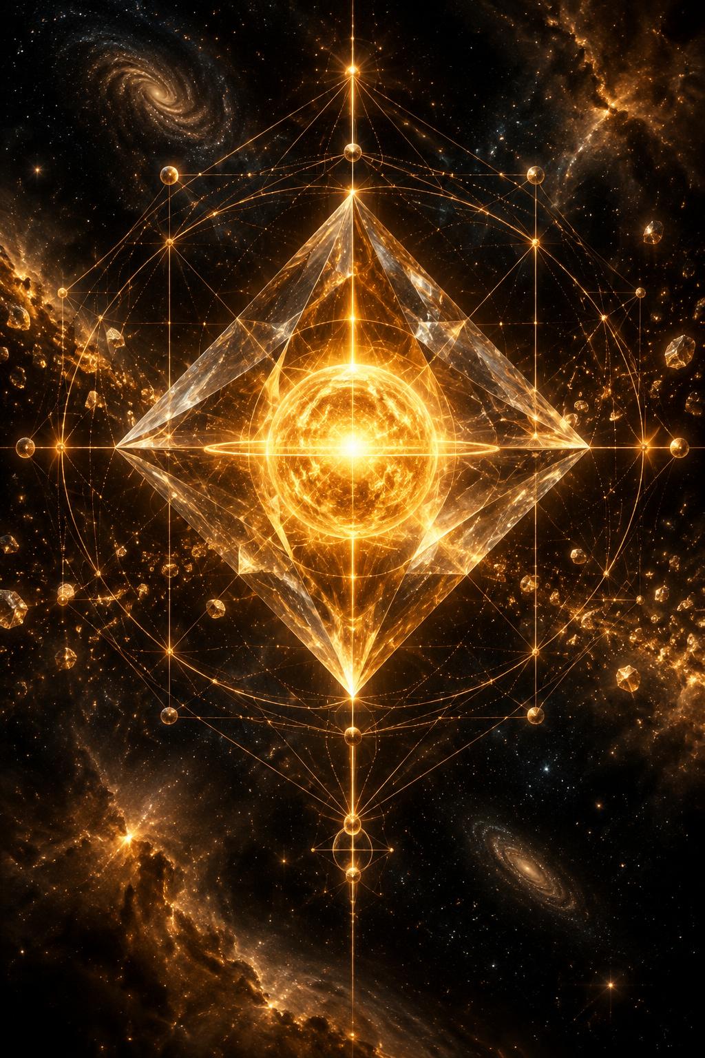A golden crystal octahedron around a glowing core, framed by geometric blueprint lines in deep space.