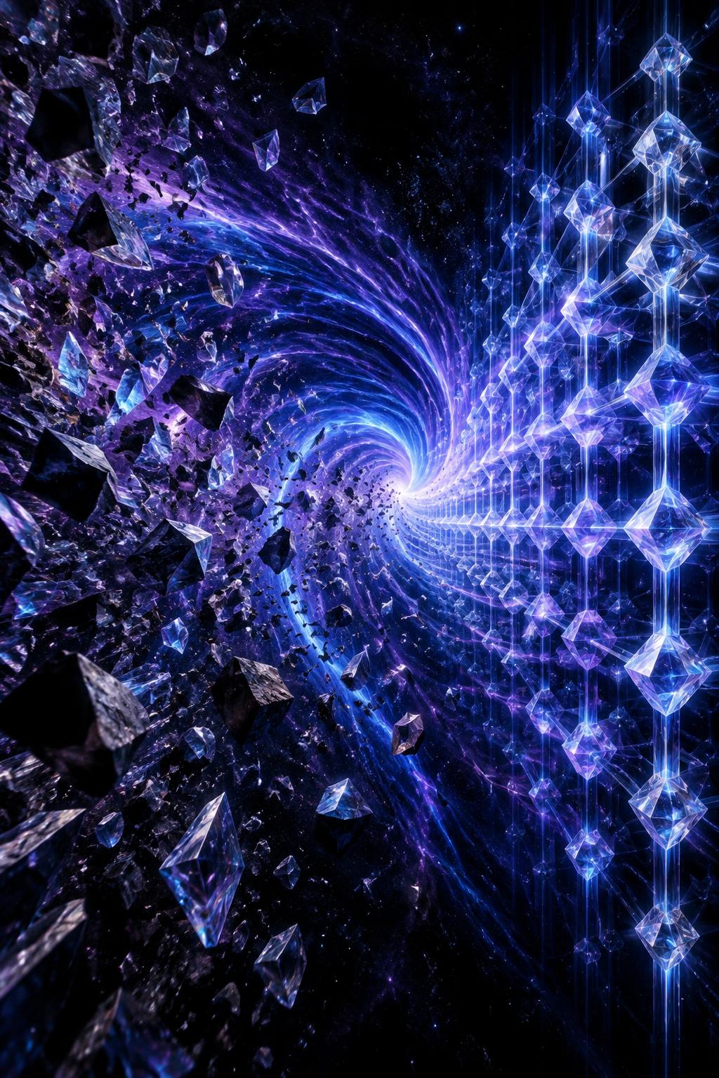 Scattered dark shards pulled through a violet vortex into an ordered lattice of glowing crystals.